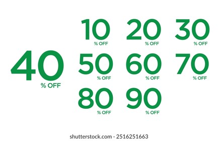 Sale off discount promotion set made of numbers . Vector Illustration of 10% 20% 30% 40% 50% 60% 70% 80% 90% percent , typography mean in english.