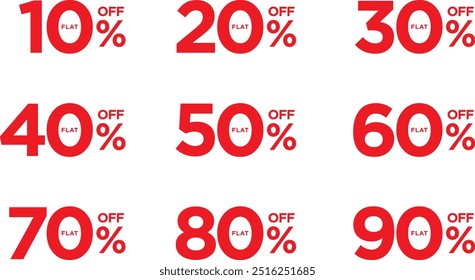 Sale off discount promotion set made of numbers . Vector Illustration of 10% 20% 30% 40% 50% 60% 70% 80% 90% percent , typography mean in english.