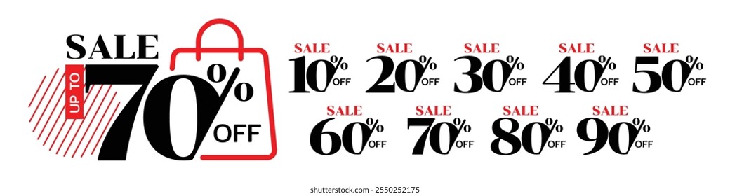 Promoção de venda com desconto definida com vários números. Ilustração vetorial de 10% 20% 30% 40% 50% 60% 70% 80% e 90% off, tipografia significa em inglês.