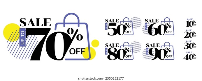 Promoção de venda com desconto definida com vários números. Ilustração vetorial de 10% 20% 30% 40% 50% 60% 70% 80% e 90% off, tipografia significa em inglês.