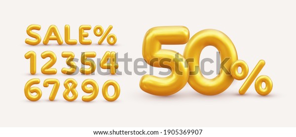 Sale off discount promotion set made of realistic\
numbers 3d gold helium balloons. Vector Illustration of balloon\
golden 50% percent discount collection for your unique selling\
poster, banner ads.