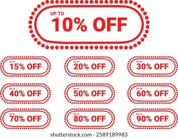 sale off percent, discount special offer price promotion tag, discount 10%, 20%, 30%, 40%, 50%, 60%, 70%, 80%, 90% vector art illustration