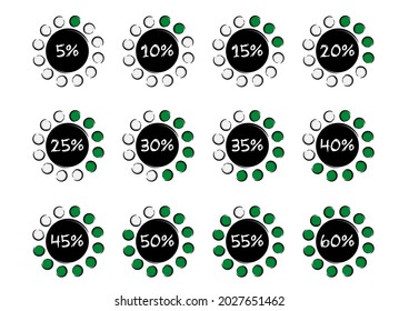 Sale off symbol. Cartoon, timer icons set, twelve timer indicators showing from 5 minutes to 60 %, Flat vector icon or pictogram. Countdown timer interval. Load, loading discount sign.