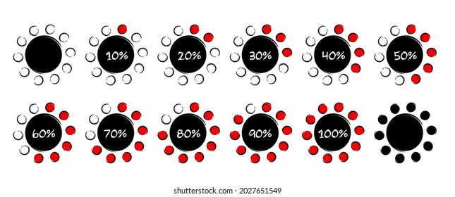 Sale off symbol. Cartoon, timer icons set, twelve timer indicators showing from 5 to 100 %, Flat vector icon or pictogram. Countdown timer interval. Load, loading discount sign.