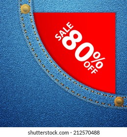 Sale off tag in blue denim pocket.