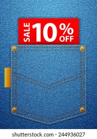 Sale off tag in blue denim pocket.