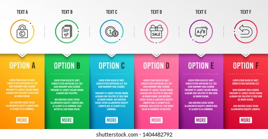 Sale offer, Ab testing and Handout icons simple set. Usd coins, Copyright locker and Undo signs. Gift box, Test chat. Business set. Infographic template. 6 steps timeline. Business options. Vector