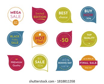 Sale offer badges. Abstract promotion stickers round price label, retro seal best price button. Seller offer stamp set, vector illustration.