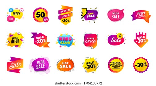 Sale offer banner. Discounts price tags. Coupon promotion templates. Black friday shopping icons. Cyber monday sale banner. Best offer badge. Price discounts icons. Deal templates. Vector
