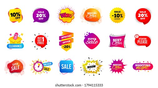 Sale offer banner. Discounts price tags. Coupon promotion templates. Black friday shopping icons. Cyber monday sale banner. Best offer badge. Price discounts icons. Deal templates. Vector