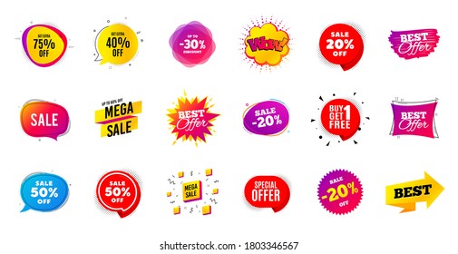 Sale offer banner. Discounts price tags. Coupon promotion templates. Black friday shopping icons. Cyber monday sale banner. Best offer badge. Price discounts icons. Deal templates. Vector