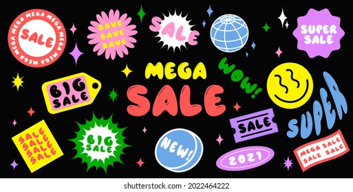 Sale offer banner. Discounts price tags, colorful cartoon style promo stickers, Acid graphic, all elements are isolated