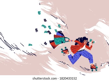 Sale offer banner with running girl on rolling skates with shopping bags and flying money bills. Special offer for retail store with hurry shopaholic woman run for purchase, Vector line art ad poster