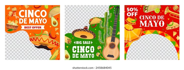 Sale offer banners, Cinco de mayo Mexican holiday big and special sale, social media post templates. Vector square Mexico frames with traditional dress, sombrero, guitar, peppers and tex mex food