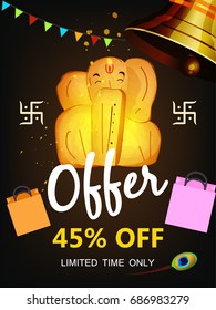Sale, Offer, Discount etc. Poster design with Beautiful Statue of Lord Ganesha on rock, Happy Ganesh Chaturthi.
