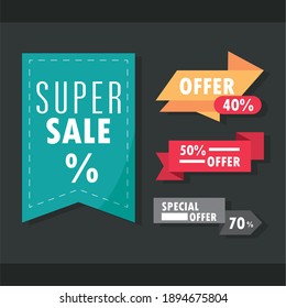 sale offer discount tag, ribbon and banner icons set vector illustration