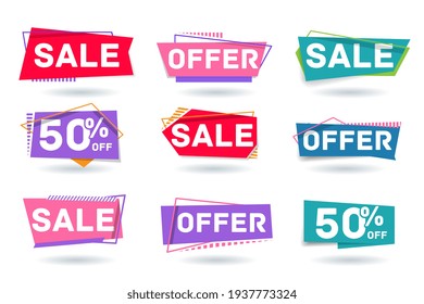 Sale, offer and fifty percent off discount marketing tag