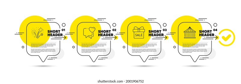 Sale offer, Fireworks and Heart line icons set. Timeline infograph speech bubble. Carousels sign. Gift box, Pyrotechnic salute, Love chat. Attraction park. Holidays set. Vector