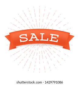 Sale offer flat vector banner template. Reduced price promotional inscription on red ribbon with stylized sun rays, sunburst in round frame. Seasonal store discount, boutique clearance advertising