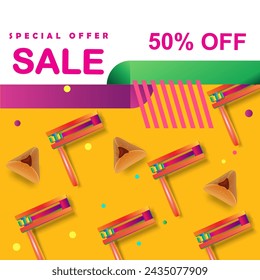 Sale offer gift card. Happy Purim - Hebrew text Jewish Holiday Sale Post story banners template traditional symbols noisemaker grogger gragger, Hamantaschen cookies, crown, star of david festival sign