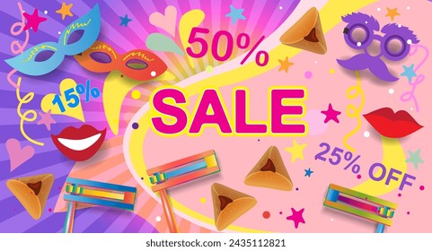 Sale offer gift card. Happy Purim - hebrew text Jewish Holiday Sale Post story banners template traditional symbols noisemaker grogger gragger, hamantaschen cookies, crown, star of david festival sign