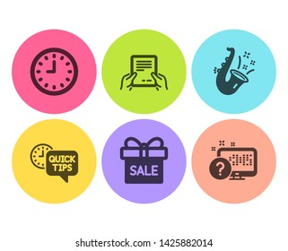 Sale offer, Jazz and Quick tips icons simple set. Clock, Receive file and Online quiz signs. Gift box, Saxophone. Business set. Flat sale offer icon. Circle button. Vector