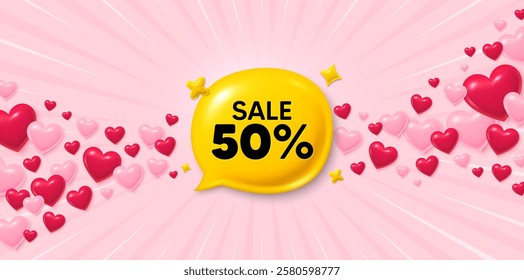 Sale offer love banner with 3d hearts. Sunburst flare background. Sale 50 percent off bubble 3d banner. Discount sticker shape. Coupon badge icon. Valentines day greeting card. Vector