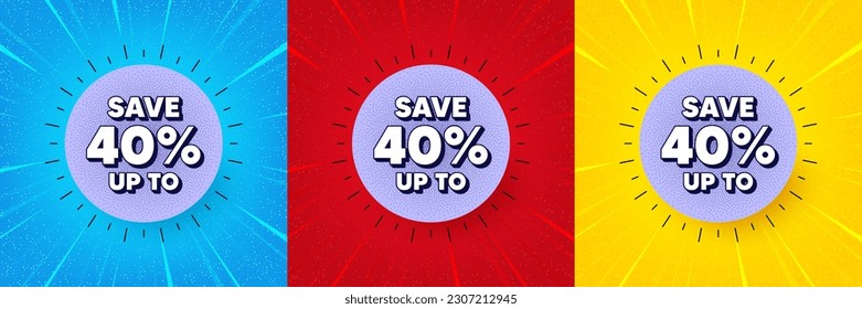 Sale offer noise grain banner. Sunburst offer banner, flyer or poster. Save 40 percentage discount coupon. Price offer tag icon. Discount offer promo event banner. Starburst pop art coupon. Vector