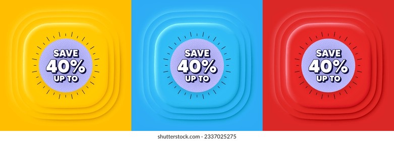 Sale offer noise grain banner. Neumorphic offer banner, flyer or poster. Save 40 percentage discount coupon. Price offer tag icon. Discount offer promo event banner. 3d square buttons. Vector