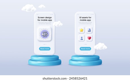 Sale offer noise grain banner. Phone mockup on podium. Product offer 3d pedestal. Save 40 percentage discount coupon. Price offer tag icon. Background with 3d clouds. Vector