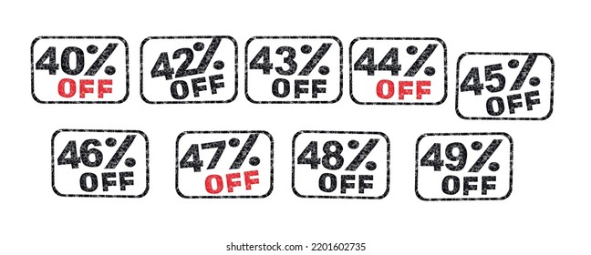 Sale offer price sign. Discount badge shape. Vector design.40%, 42%, 43%, 44%, 45%, 46%, 47%, 48%, 49% Discount. 