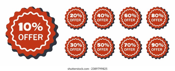 Sale offer price sign set. Discount 10%, 20%, 30%, 40%, 50%, 60%, 70%, 80%, 90%.