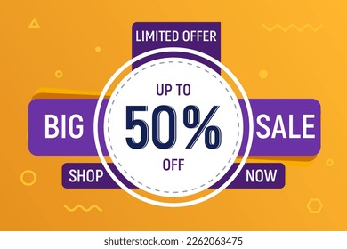 Sale offer promotion banner for social media posting, big flash sale deal, store marketing promotion, tag promotional ribbon on bright orange background with geometric pattern