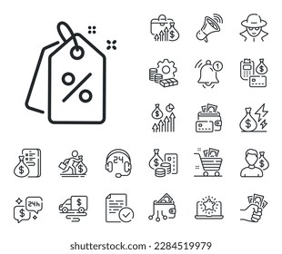 Sale offer sign. Cash money, loan and mortgage outline icons. Discount tags line icon. Promotion price symbol. Discount tags line sign. Credit card, crypto wallet icon. Inflation, job salary. Vector