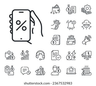 Sale offer sign. Cash money, loan and mortgage outline icons. Discounts app line icon. Phone promotion price symbol. Discounts app line sign. Credit card, crypto wallet icon. Vector