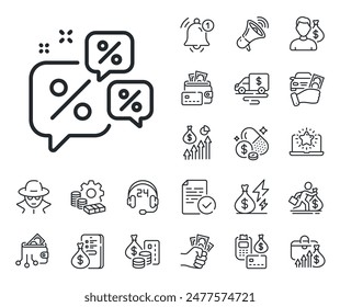 Sale offer sign. Cash money, loan and mortgage outline icons. Discounts chat bubbles line icon. Promotion price symbol. Discounts chat line sign. Credit card, crypto wallet icon. Vector