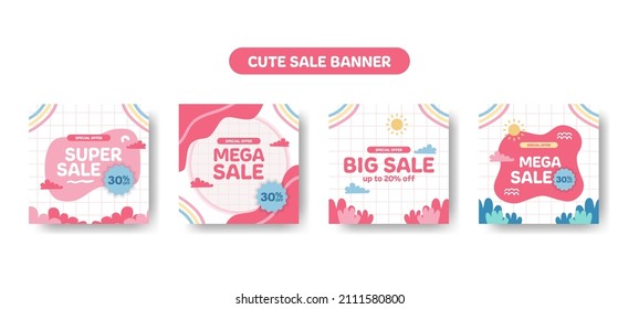sale offer square promotion discount for kid children baby with cute kawai abstract memphis element pastel color