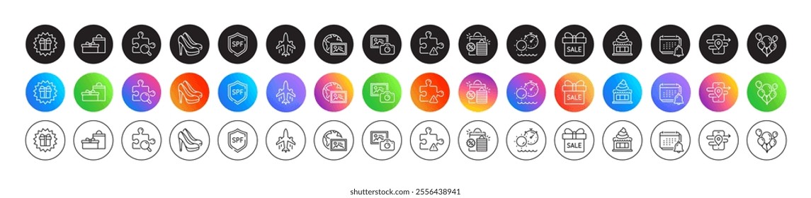 Sale offer, Surprise gift and Tanning time line icons. Round icon gradient buttons. Pack of Plane, Spf protection, Web photo icon. Notification, Puzzle, Photo camera pictogram. Vector