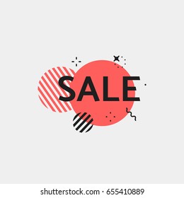 Sale Offer Tag. Flat Geometric Vector Bubble. Vivid Transparent Banner In Retro Poster Design Style. Vintage Color And Simple Shapes, Lines, Stripes, Circles, Outline Flashes. Red And Black Colors.