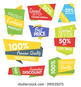 Sale offer tag. Premier quality, exclusive product, special offer limited edition, quarantined discount, especial, best or low price, sell-off proposition. Vector sale tag isolated set illustration
