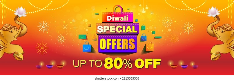 Sale offers discount website banner design for Diwali dhanteras festival. Diwali special offers text with shopping bag and floral Sparkle background.