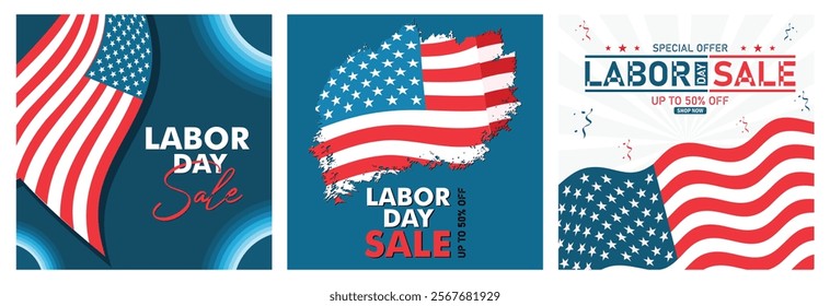 Sale offers on Labor Day. International holiday. American flag waving. Labor Day concept. Set flat vector illustration.