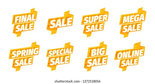 Sale offers ribbon sticker set. Advertising promotion poster. Mega super final spring. Big online. 3d letters on a orange golden background. Special slogan, super call for purchases. Vector