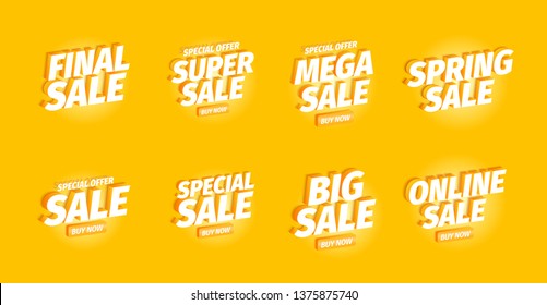 Sale offers set. Advertising promotion set. 3d letters on a yellow background. Special offer slogan, super call for purchases. Vector color Illustration text marketing.