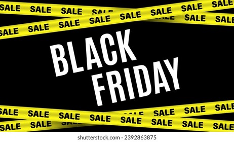 Sale on Black Friday. Banner, poster, logo in color on a dark background. White, yellow and black colors. Intersecting Signal Yellow Tapes. vector illustration.