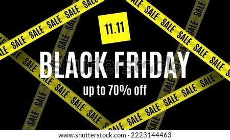 Sale on Black Friday. Banner, poster, logo in color on a dark background. White, yellow and black colors. Intersecting Signal Yellow Tapes. vector illustration.