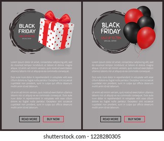 Sale on Black Friday, gift box, wrapped in dotted paper. Dark and red helium air balloon with 30 discount vector. Special offer up to 70 percent off labels