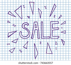 Sale on copybook background.  Vector illustration.