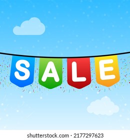 Sale on decorative party pennants with different sizes and lengths. Celebrate flags. Discount tag.