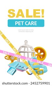 Sale on pet care essentials. The 3D vector promotional brochure features a variety of pet accessories. Get great deals on pet store products in cute cartoon style.